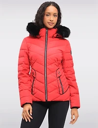 Vegan Cropped Eco-Down Puffer Jacket with Faux Fur Trim Detachable Hood by Loop