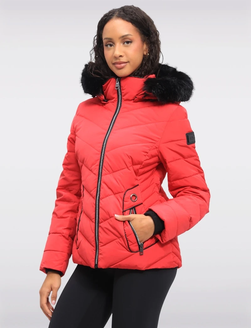 Vegan Cropped Eco-Down Puffer Jacket with Faux Fur Trim Detachable Hood by Loop
