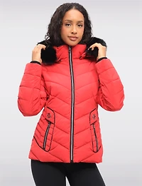 Vegan Cropped Eco-Down Puffer Jacket with Faux Fur Trim Detachable Hood by Loop