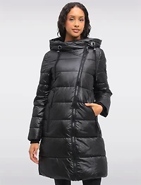 Eco-friendly Asymmetrical Zipper Hooded Long Glossy Ciré Puffer Coat by LOOP