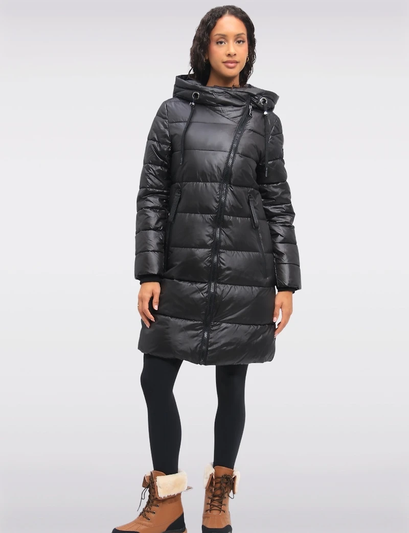 Eco-friendly Asymmetrical Zipper Hooded Long Glossy Ciré Puffer Coat by LOOP