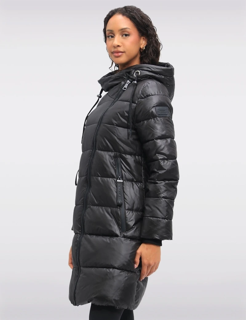 Eco-friendly Asymmetrical Zipper Hooded Long Glossy Ciré Puffer Coat by LOOP