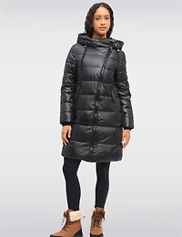 Eco-friendly Asymmetrical Zipper Hooded Long Glossy Ciré Puffer Coat by LOOP