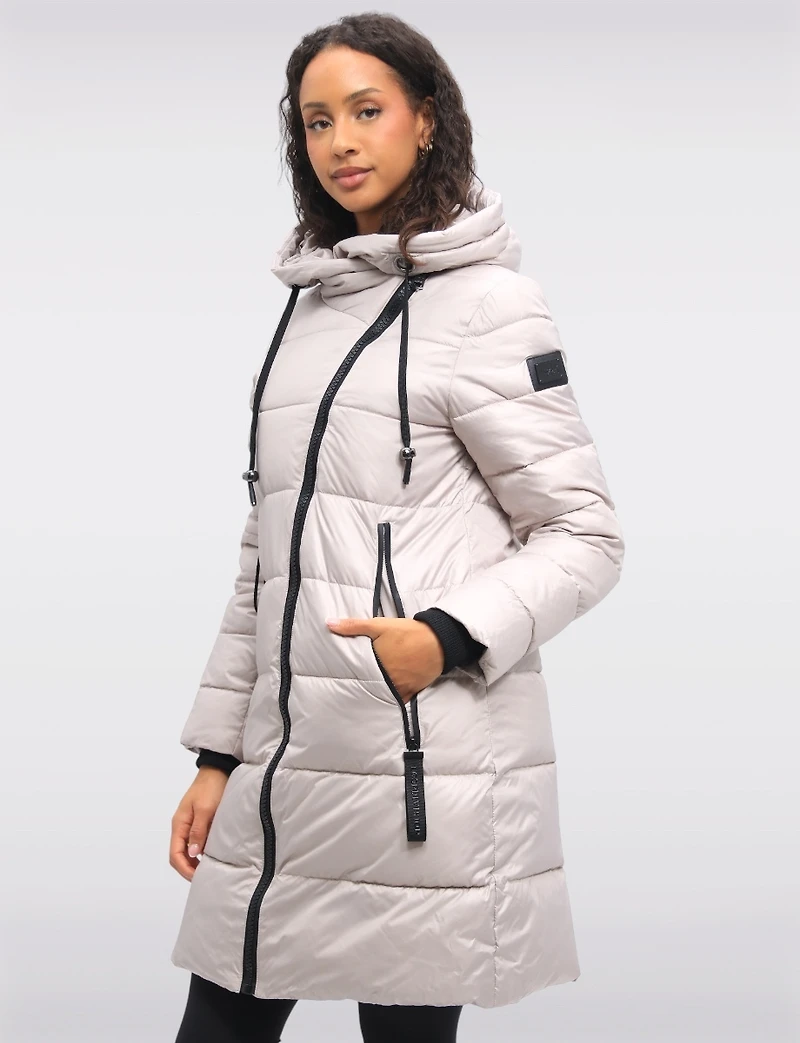 Eco-friendly Asymmetrical Zipper Hooded Long Glossy Ciré Puffer Coat by LOOP