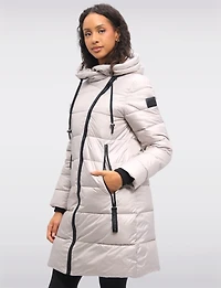 Eco-friendly Asymmetrical Zipper Hooded Long Glossy Ciré Puffer Coat by LOOP