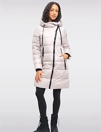 Eco-friendly Asymmetrical Zipper Hooded Long Glossy Ciré Puffer Coat by LOOP