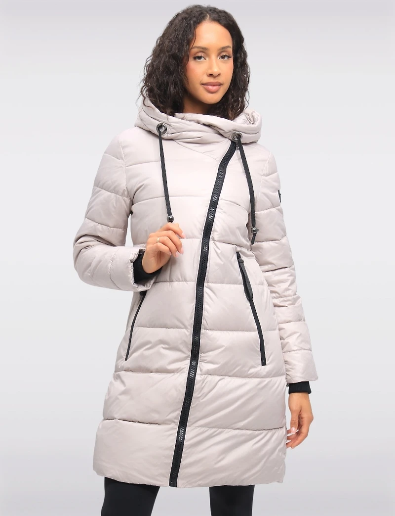 Eco-friendly Asymmetrical Zipper Hooded Long Glossy Ciré Puffer Coat by LOOP