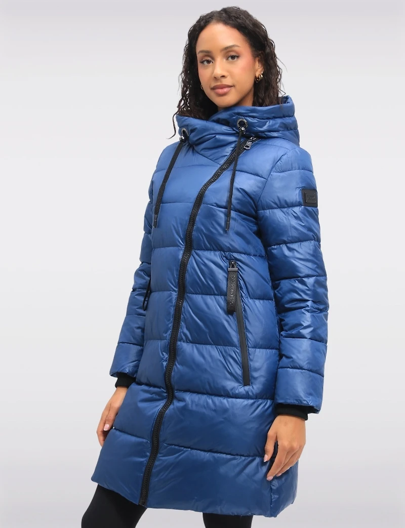 Eco-friendly Asymmetrical Zipper Hooded Long Glossy Ciré Puffer Coat by LOOP
