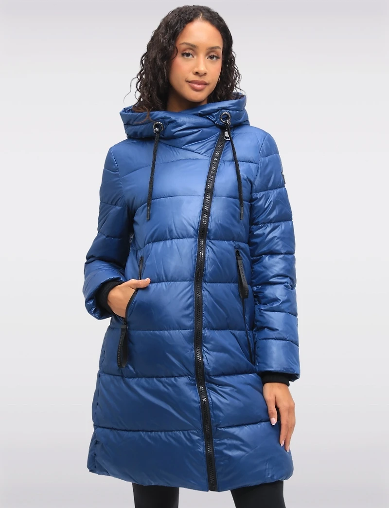 Eco-friendly Asymmetrical Zipper Hooded Long Glossy Ciré Puffer Coat by LOOP