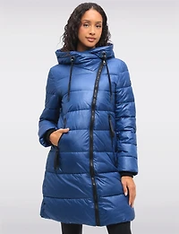Eco-friendly Asymmetrical Zipper Hooded Long Glossy Ciré Puffer Coat by LOOP