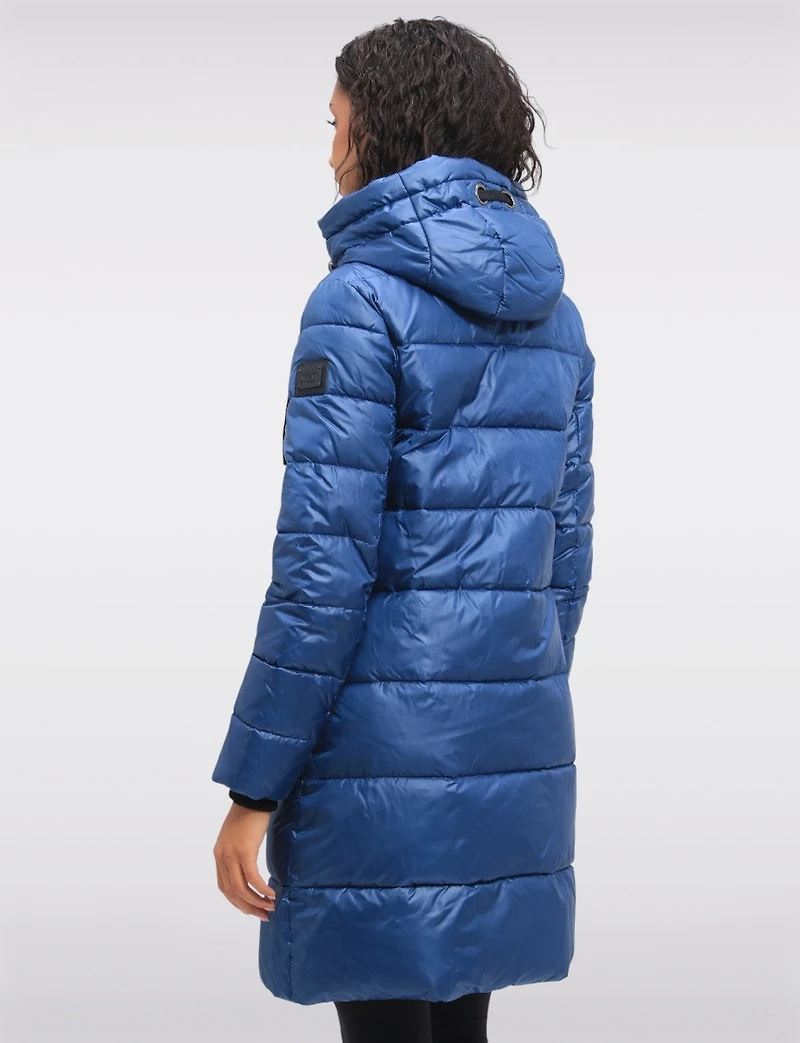 Eco-friendly Asymmetrical Zipper Hooded Long Glossy Ciré Puffer Coat by LOOP
