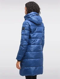 Eco-friendly Asymmetrical Zipper Hooded Long Glossy Ciré Puffer Coat by LOOP
