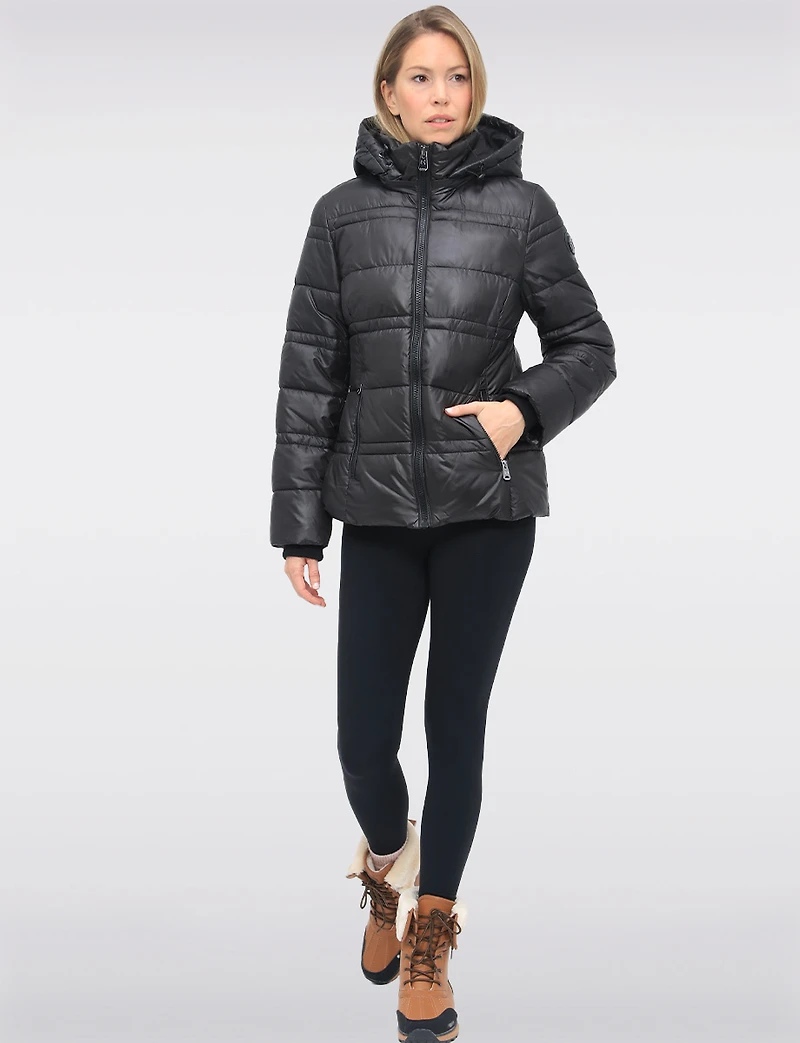 Short Shiny Ciré Hooded Quilted Puffer Jacket with Inner Bib by North Explore