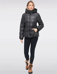 Short Shiny Ciré Hooded Quilted Puffer Jacket with Inner Bib by North Explore