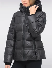 Short Shiny Ciré Hooded Quilted Puffer Jacket with Inner Bib by North Explore