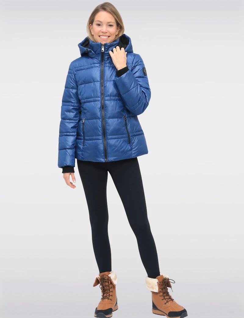 Short Shiny Ciré Hooded Quilted Puffer Jacket with Inner Bib by North Explore