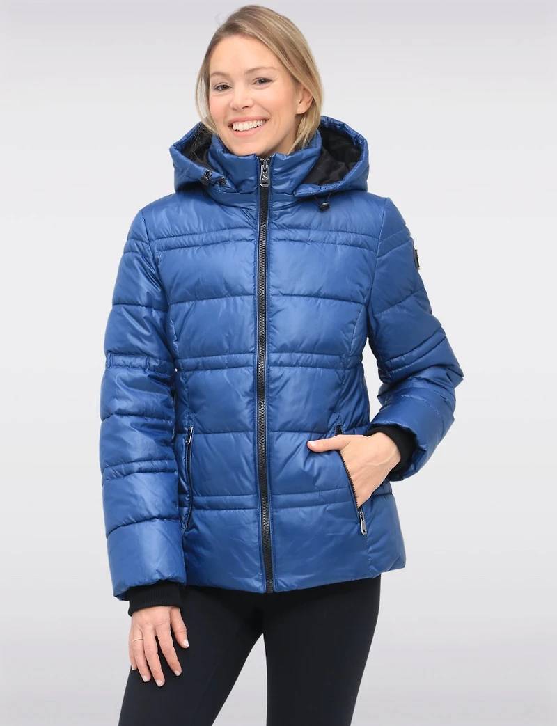 Short Shiny Ciré Hooded Quilted Puffer Jacket with Inner Bib by North Explore