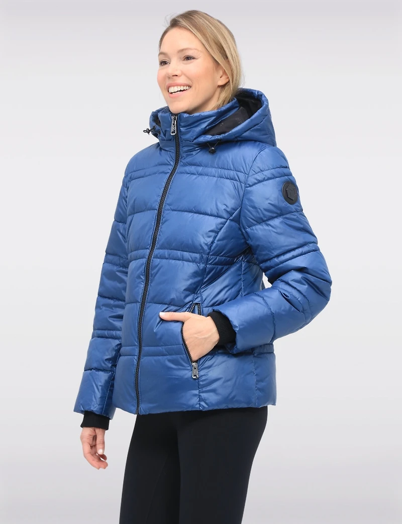 Short Shiny Ciré Hooded Quilted Puffer Jacket with Inner Bib by North Explore