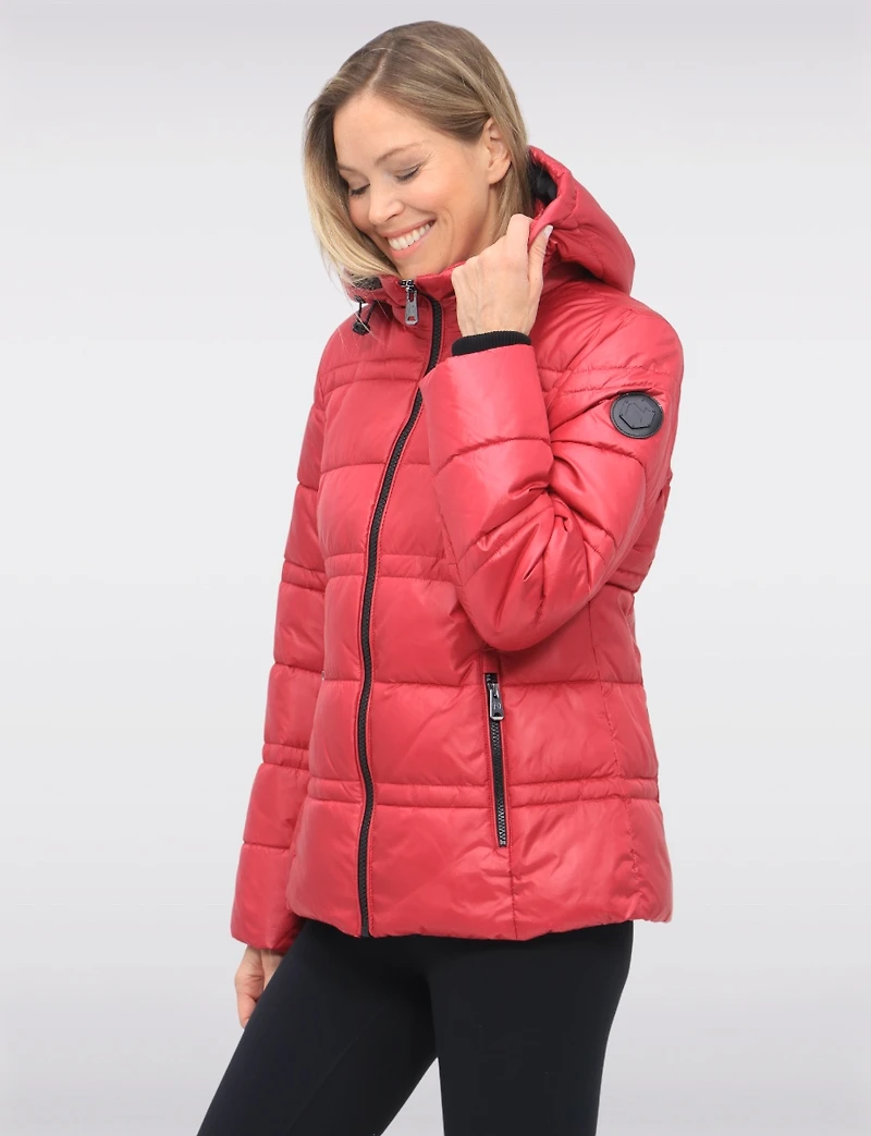 Short Shiny Ciré Hooded Quilted Puffer Jacket with Inner Bib by North Explore