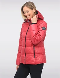 Short Shiny Ciré Hooded Quilted Puffer Jacket with Inner Bib by North Explore