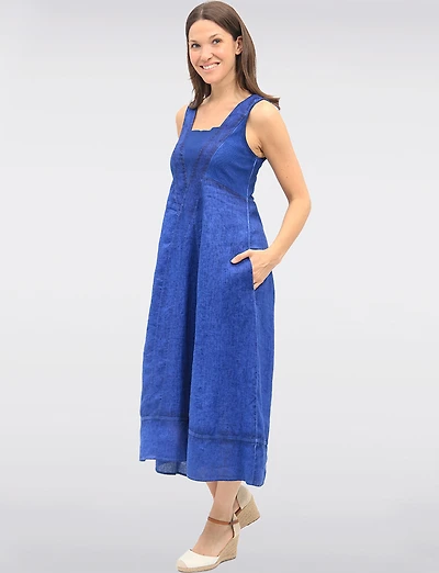 Long Linen Square Neck Dress with Crossover V and Cotton Knit Trim By Carré Noir