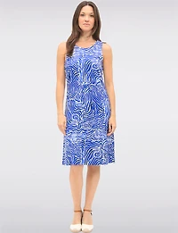 Blue and White Sleeveless Bold Print Knee-Length A-Line Dress by Carré Noir