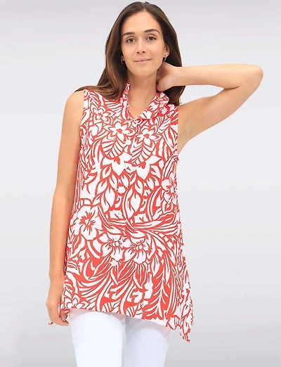 Sleeveless Button-Up Floral Print Blouse with Ruffle Stand Collar by Carré Noir