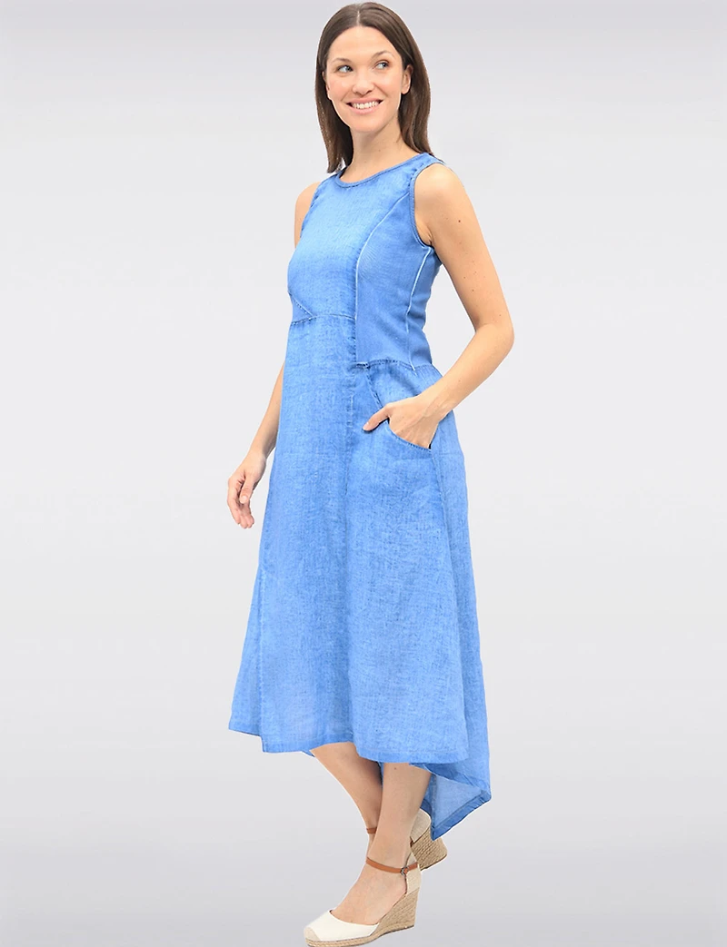 Asymmetrical Sleeveless Linen Dress with Side Stretch Knit Panels by Carré Noir