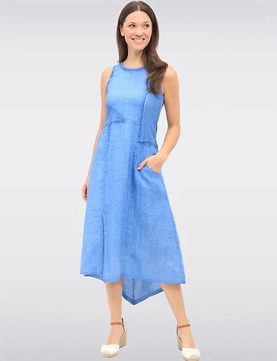 Asymmetrical Sleeveless Linen Dress with Side Stretch Knit Panels by Carré Noir