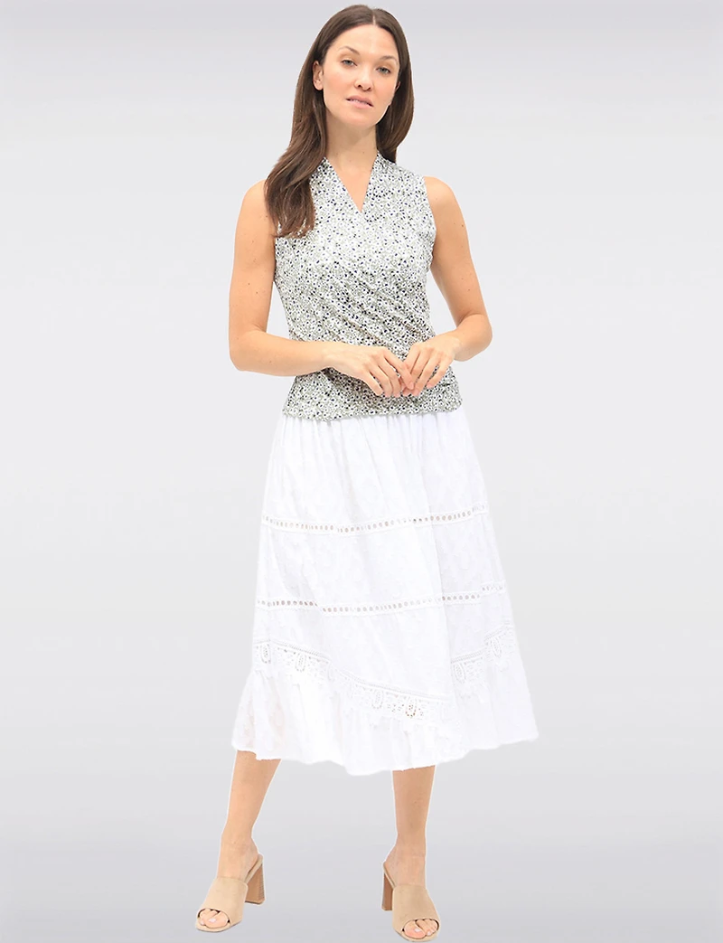Textured White Tiered Long Skirt with Lace Accents & Smocked Waist by Carré Noir