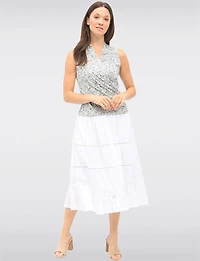 Textured White Tiered Long Skirt with Lace Accents & Smocked Waist by Carré Noir