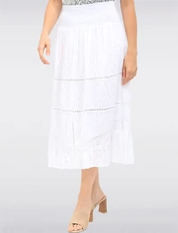 Textured White Tiered Long Skirt with Lace Accents & Smocked Waist by Carré Noir