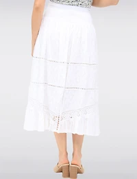 Textured White Tiered Long Skirt with Lace Accents & Smocked Waist by Carré Noir