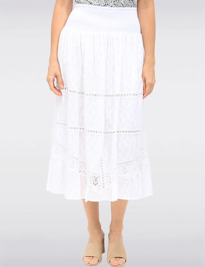 Textured White Tiered Long Skirt with Lace Accents & Smocked Waist by Carré Noir