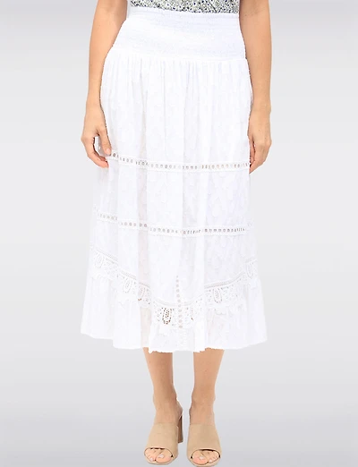 Textured White Tiered Long Skirt with Lace Accents & Smocked Waist by Carré Noir