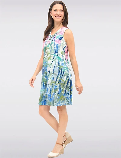 Bold Print Sleeveless A-Line Dress with Drawstring V-Neck by Claire Desjardins