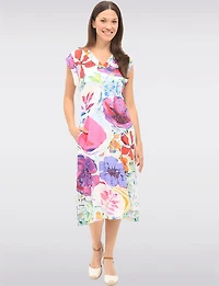 Artistic Floral V-Neck Midi Cap Sleeve Dress with Pockets by Claire Desjardins