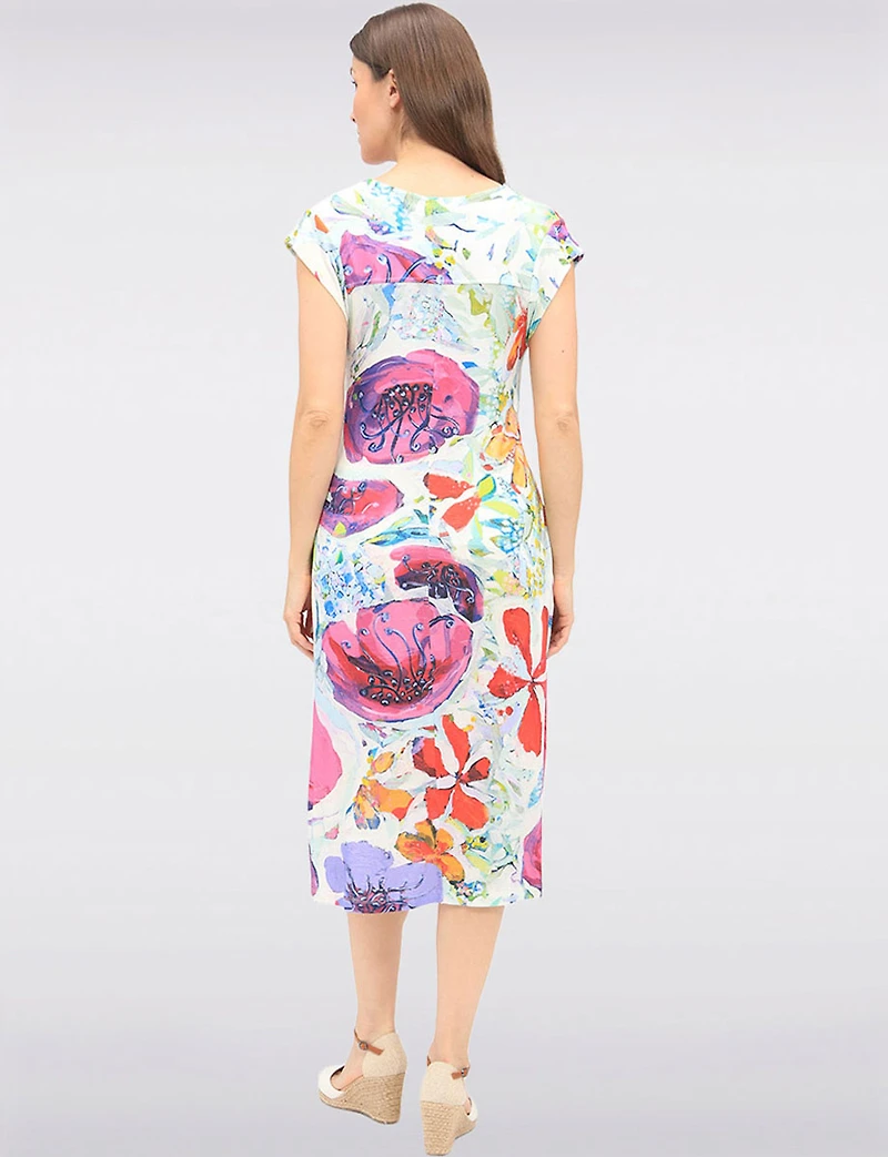 Artistic Floral V-Neck Midi Cap Sleeve Dress with Pockets by Claire Desjardins