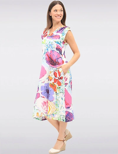 Artistic Floral V-Neck Midi Cap Sleeve Dress with Pockets by Claire Desjardins