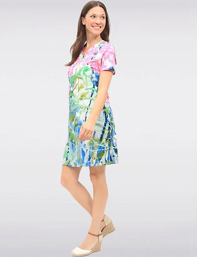 Colorful Printed Short-Sleeve V-Neck Dress with Side Slits by Claire Desjardins
