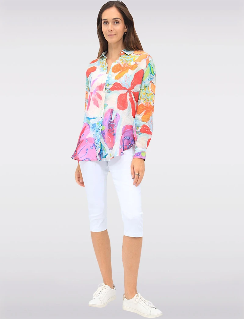 Lightweight Button-Up Printed Long Sleeve Rounded Hem Shirt by Claire Desjardins