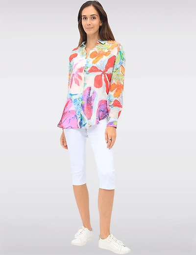 Lightweight Button-Up Printed Long Sleeve Rounded Hem Shirt by Claire Desjardins