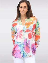Lightweight Button-Up Printed Long Sleeve Rounded Hem Shirt by Claire Desjardins