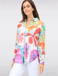 Lightweight Button-Up Printed Long Sleeve Rounded Hem Shirt by Claire Desjardins