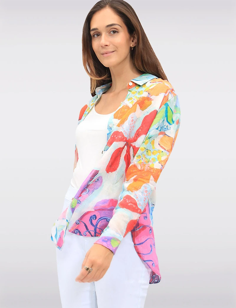 Lightweight Button-Up Printed Long Sleeve Rounded Hem Shirt by Claire Desjardins