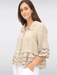 Chic Eyelet-Trimmed Button-Front Linen Shirt with Shirt Collar by Froccella