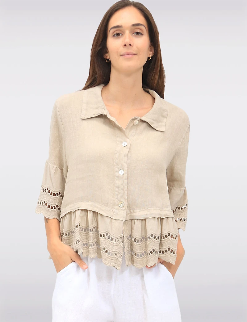 Chic Eyelet-Trimmed Button-Front Linen Shirt with Shirt Collar by Froccella
