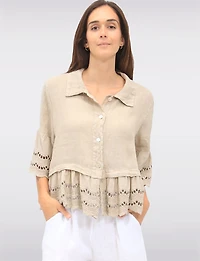 Chic Eyelet-Trimmed Button-Front Linen Shirt with Shirt Collar by Froccella