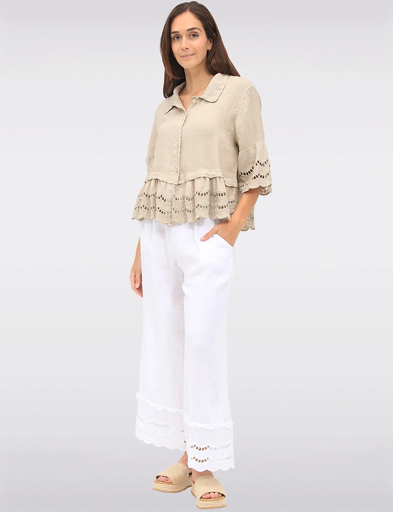 Chic Eyelet-Trimmed Button-Front Linen Shirt with Shirt Collar by Froccella