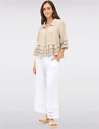 Chic Eyelet-Trimmed Button-Front Linen Shirt with Shirt Collar by Froccella